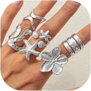 Women Silver Rings Set Stackable Knuckle Flower Pearl Chunky Statement Jewelry